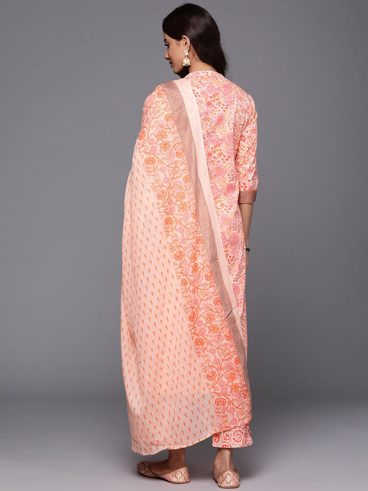 Peach Printed Cotton Straight Kurta With Trousers & Dupatta - Libas