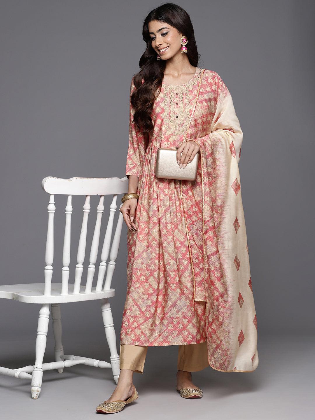 Peach Printed Silk Blend Anarkali Kurta With Trousers & Dupatta - Libas