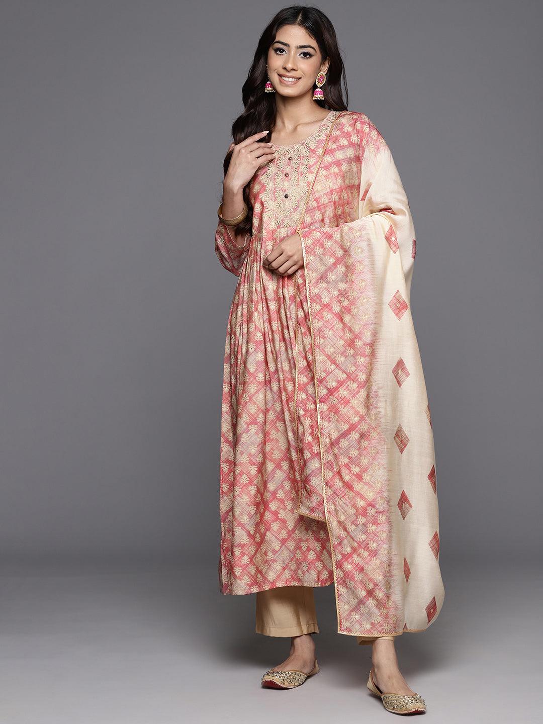 Peach Printed Silk Blend Anarkali Kurta With Trousers & Dupatta - Libas