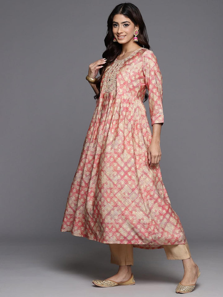 Peach Printed Silk Blend Anarkali Kurta With Trousers & Dupatta - Libas