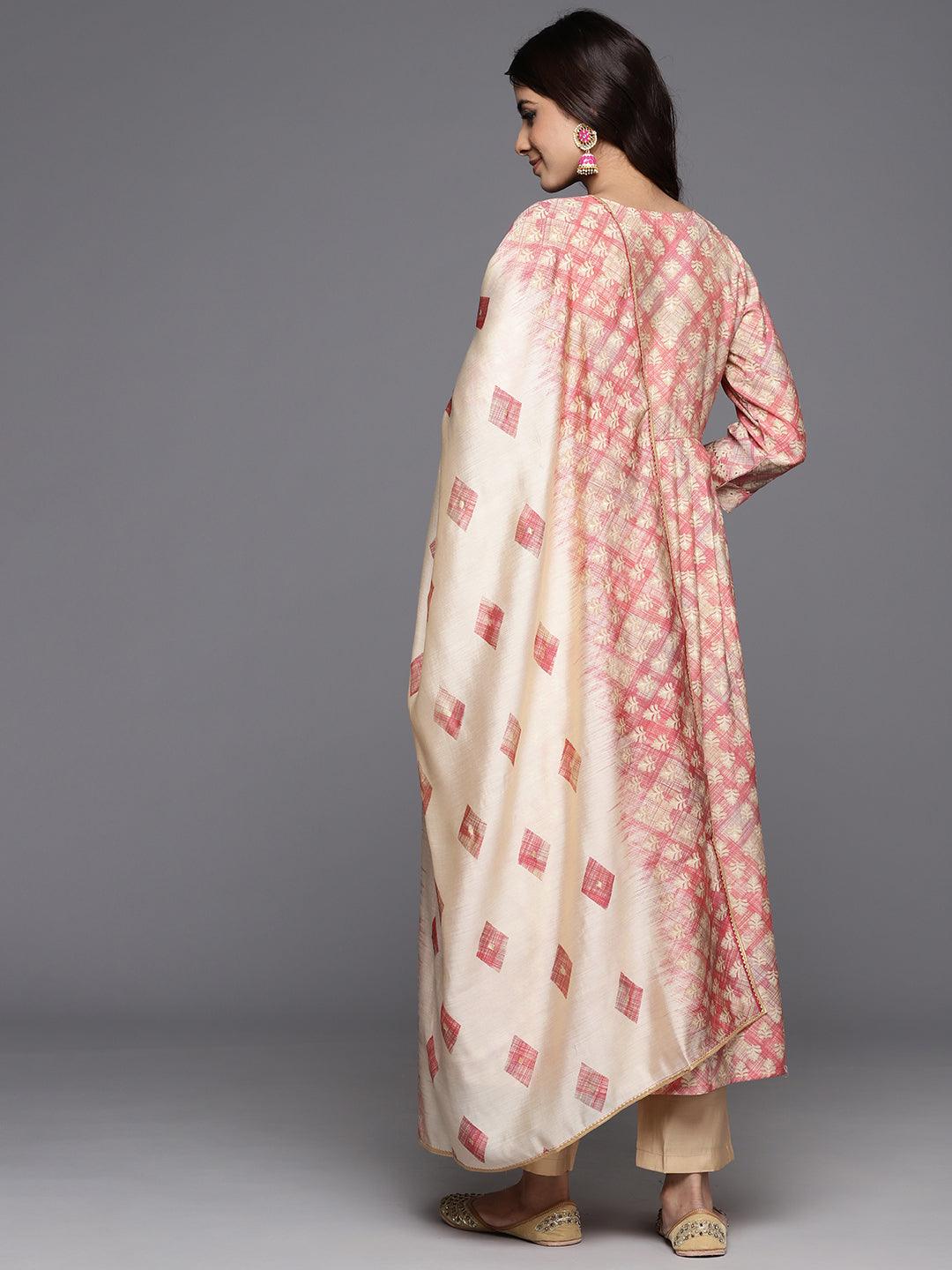 Peach Printed Silk Blend Anarkali Kurta With Trousers & Dupatta - Libas