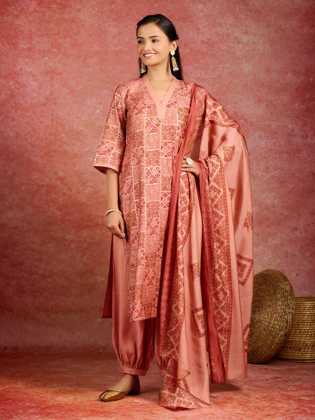 Peach Printed Silk Blend Straight Kurta With Salwar & Dupatta - Libas 