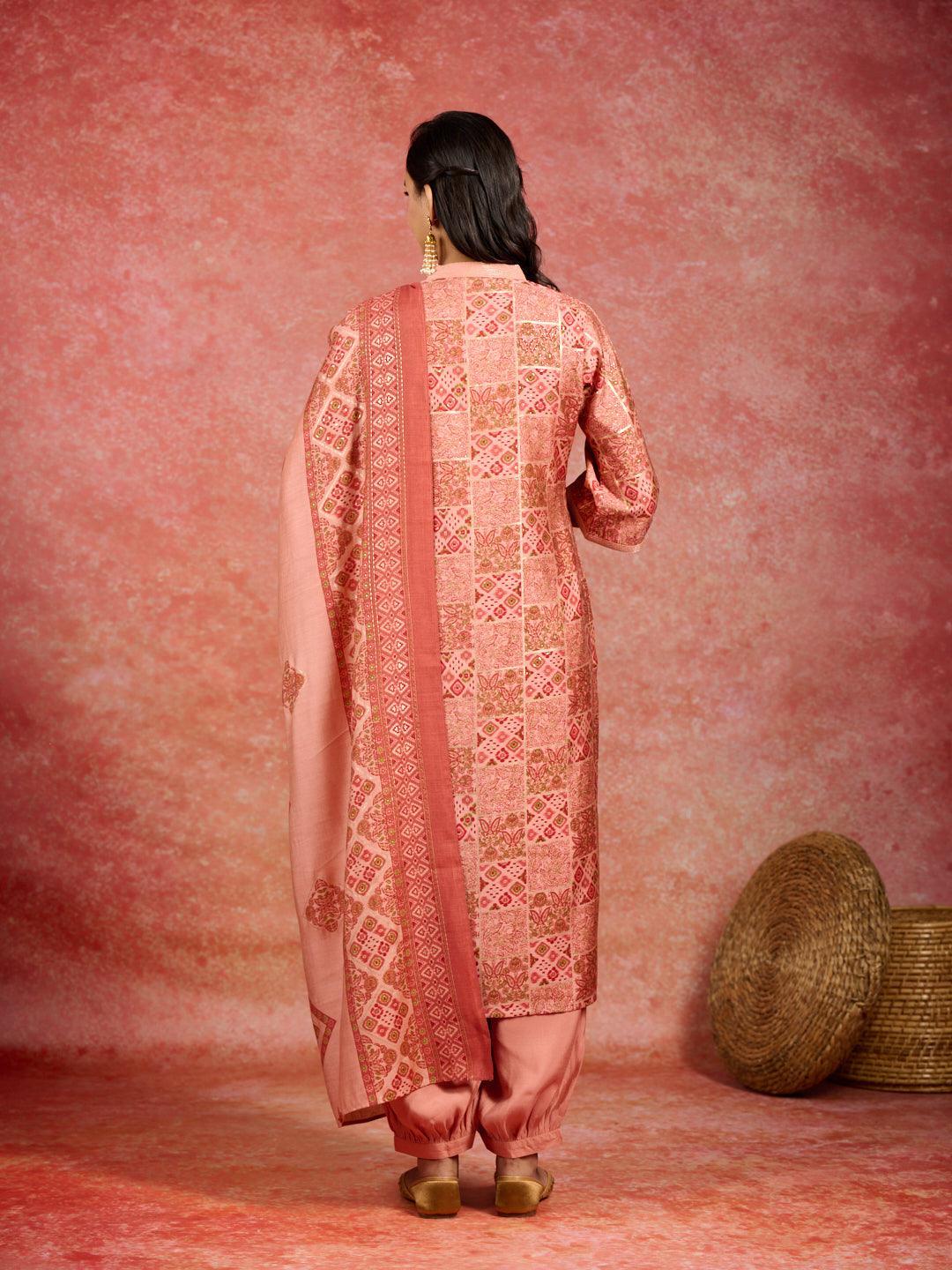 Peach Printed Silk Blend Straight Kurta With Salwar & Dupatta - Libas 