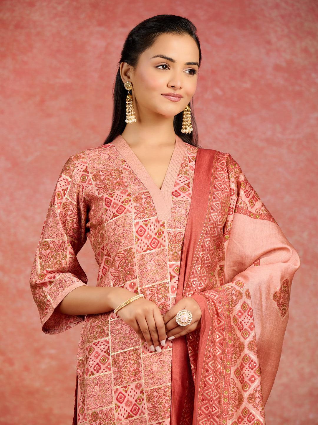 Peach Printed Silk Blend Straight Kurta With Salwar & Dupatta - Libas 