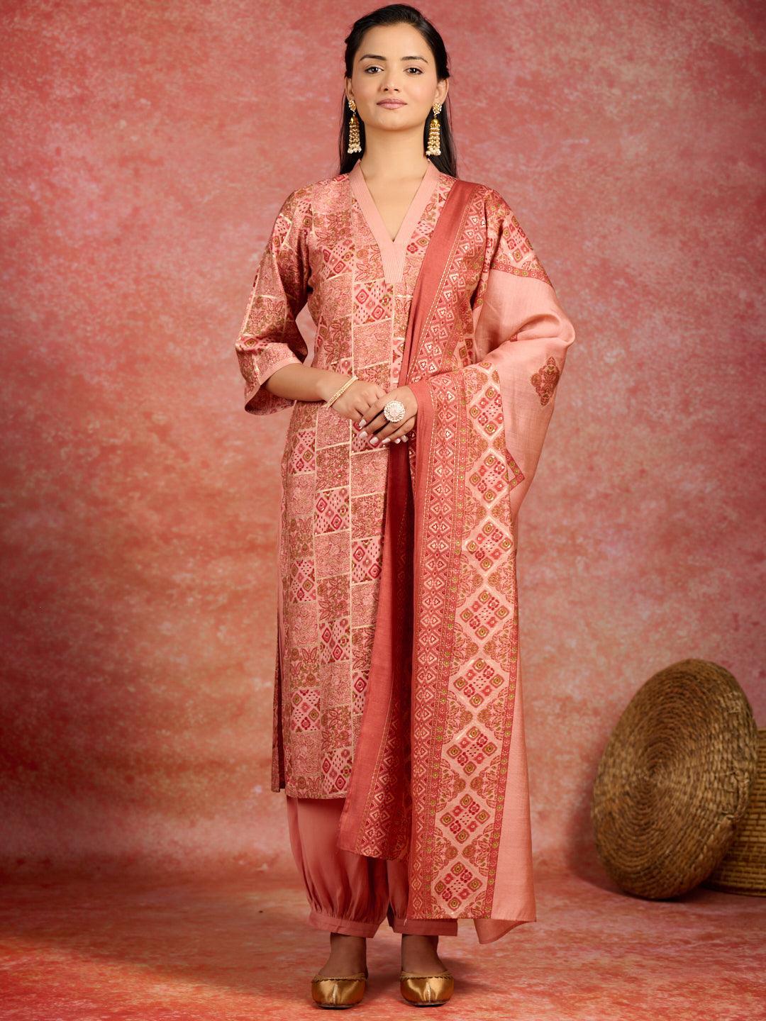 Peach Printed Silk Blend Straight Kurta With Salwar & Dupatta - Libas