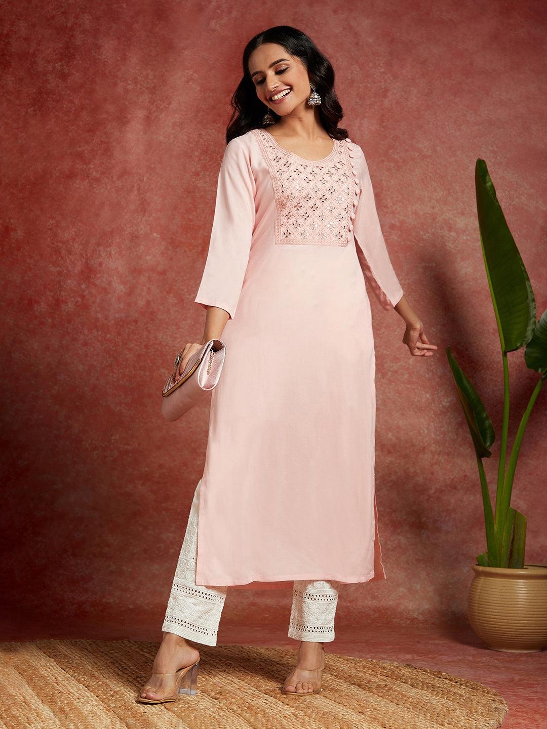 Peach Yoke Design Rayon Straight Kurta - Libas