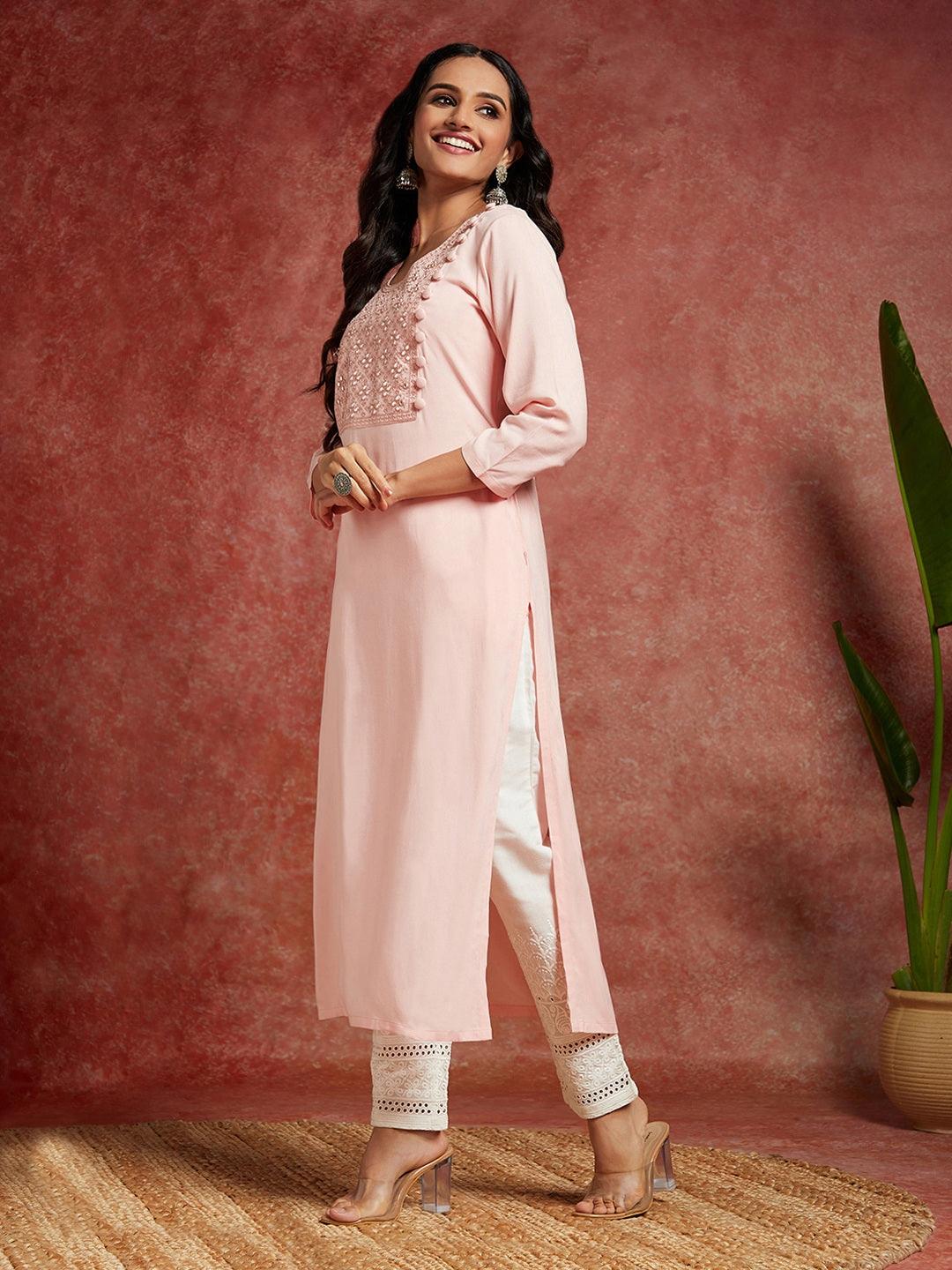 Peach Yoke Design Rayon Straight Kurta - Libas