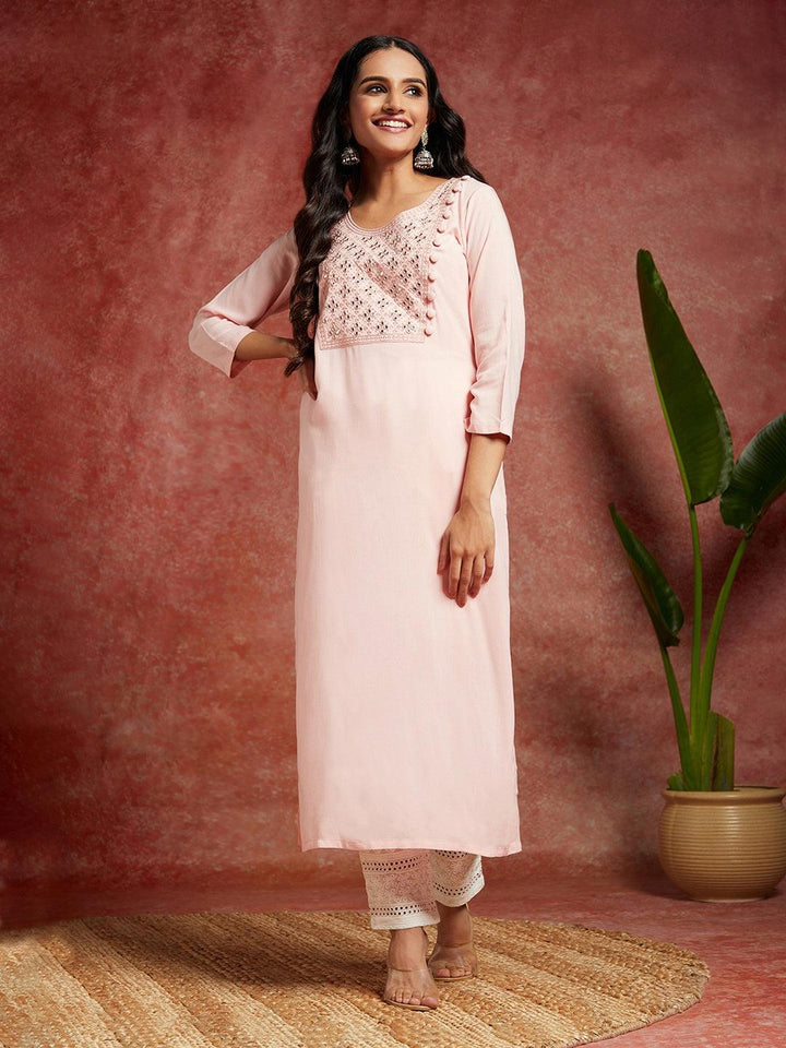 Peach Yoke Design Rayon Straight Kurta - Libas