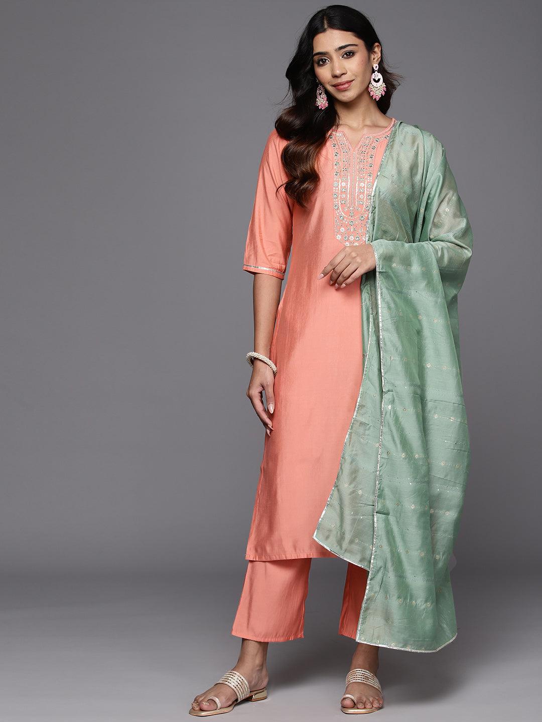 Peach Yoke Design Silk Blend Straight Kurta With Trousers & Dupatta - Libas 