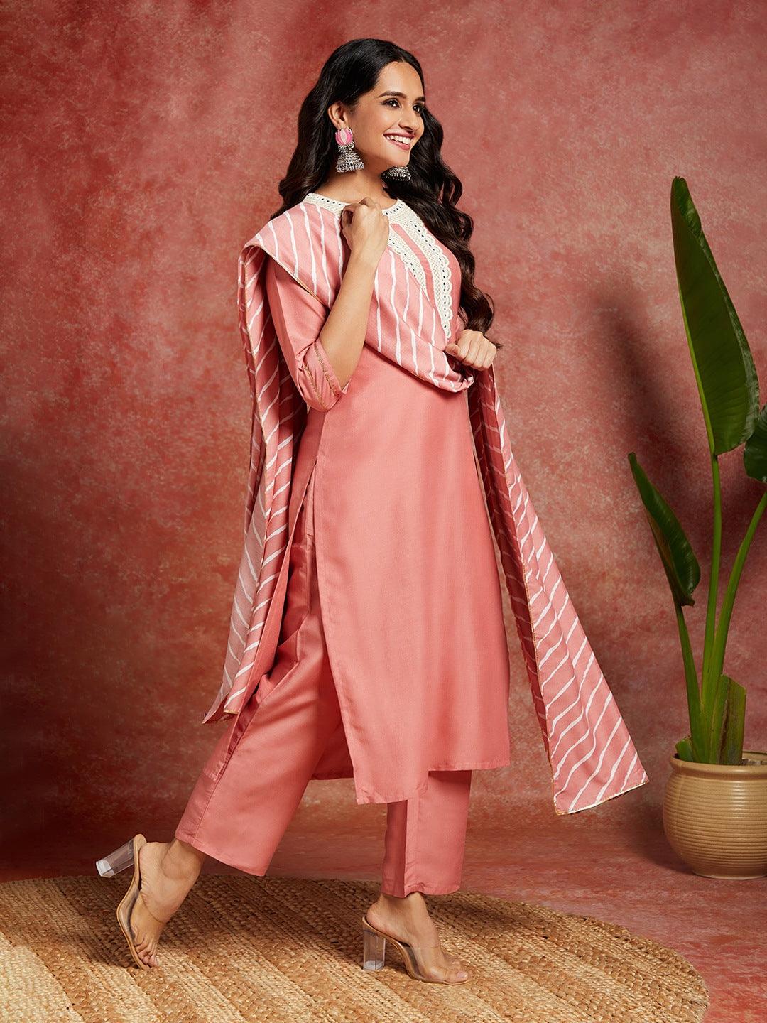 Peach Yoke Design Silk Blend Straight Kurta With Trousers & Dupatta - Libas