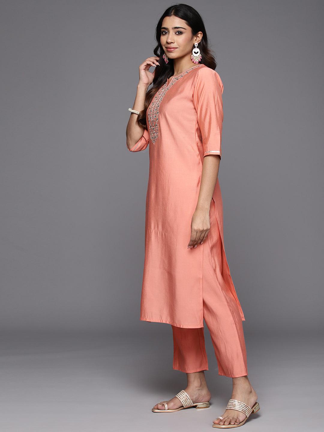 Peach Yoke Design Silk Blend Straight Kurta With Trousers & Dupatta - Libas 