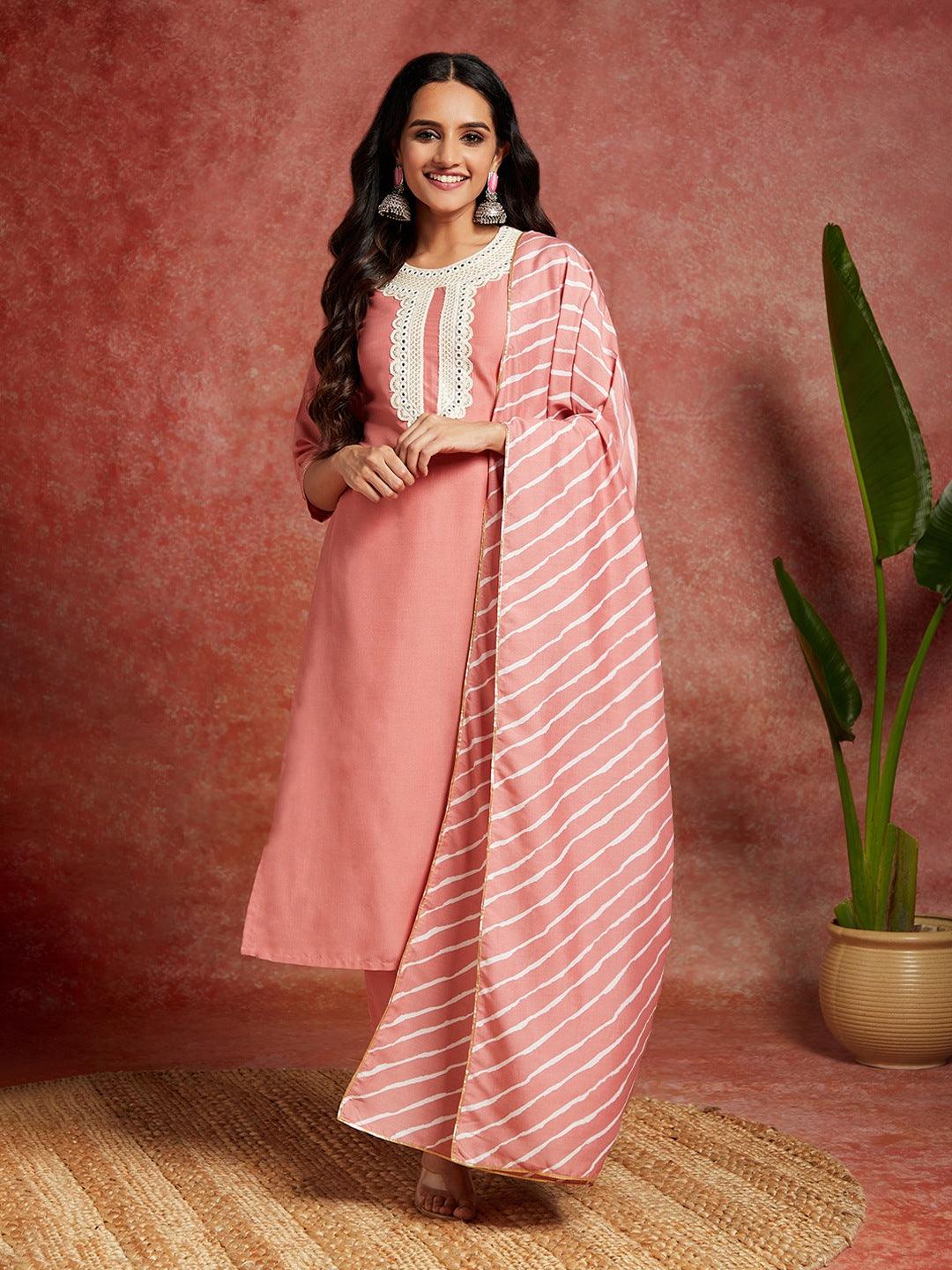 Peach Yoke Design Silk Blend Straight Kurta With Trousers & Dupatta - Libas