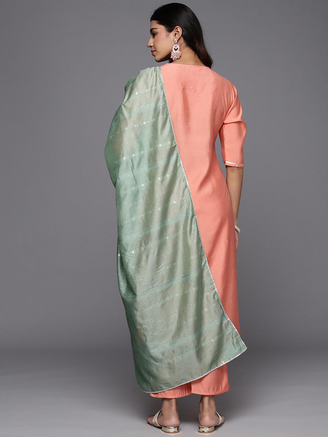 Peach Yoke Design Silk Blend Straight Kurta With Trousers & Dupatta - Libas 