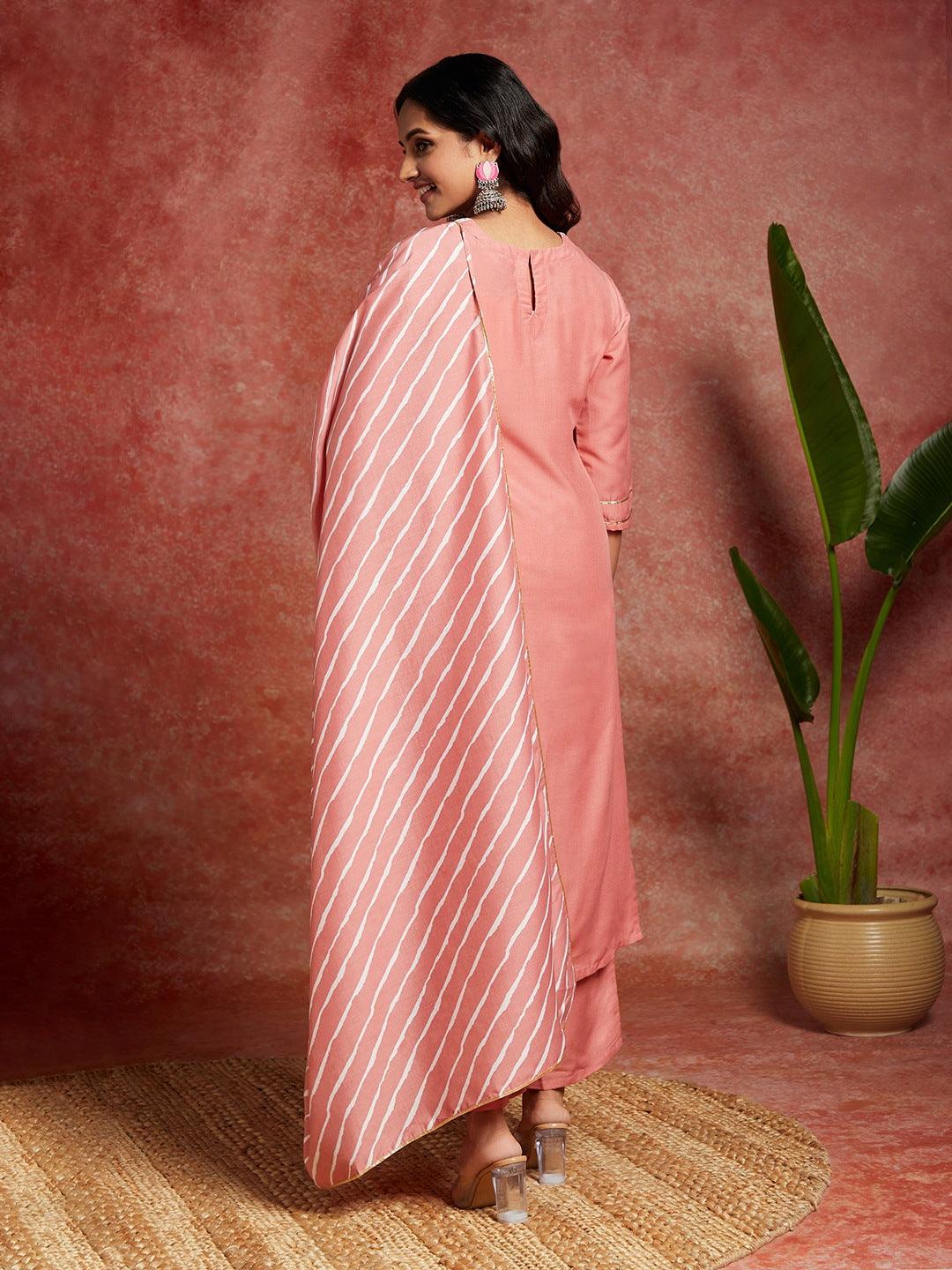 Peach Yoke Design Silk Blend Straight Kurta With Trousers & Dupatta - Libas 