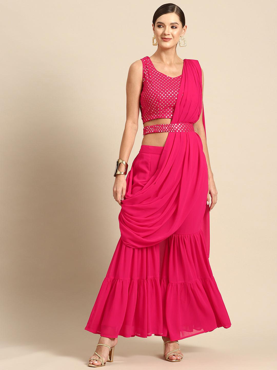 Pink Embellished Georgette Ready to Wear Saree - Libas 