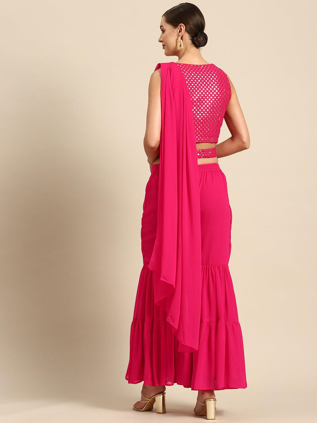 Pink Embellished Georgette Ready to Wear Saree - Libas 