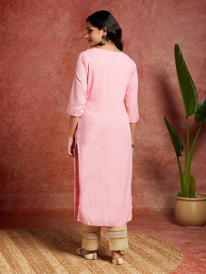 Pink Embellished Rayon Straight Kurta - Libas