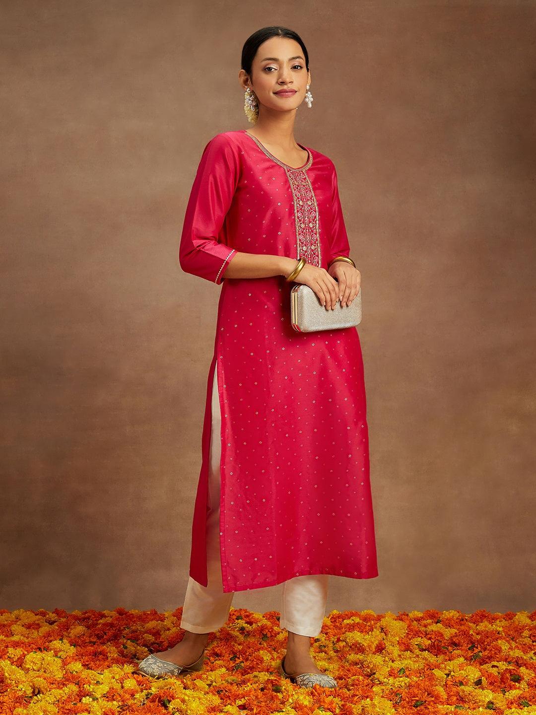 Pink Embellished Silk Straight Kurta - Libas