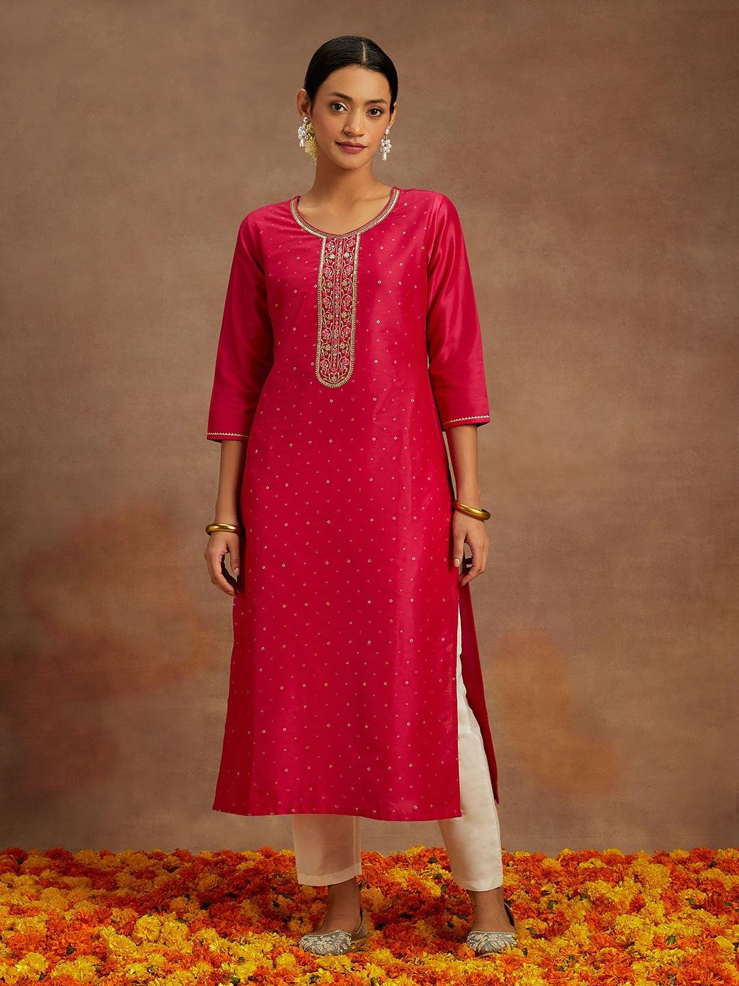 Pink Embellished Silk Straight Kurta - Libas