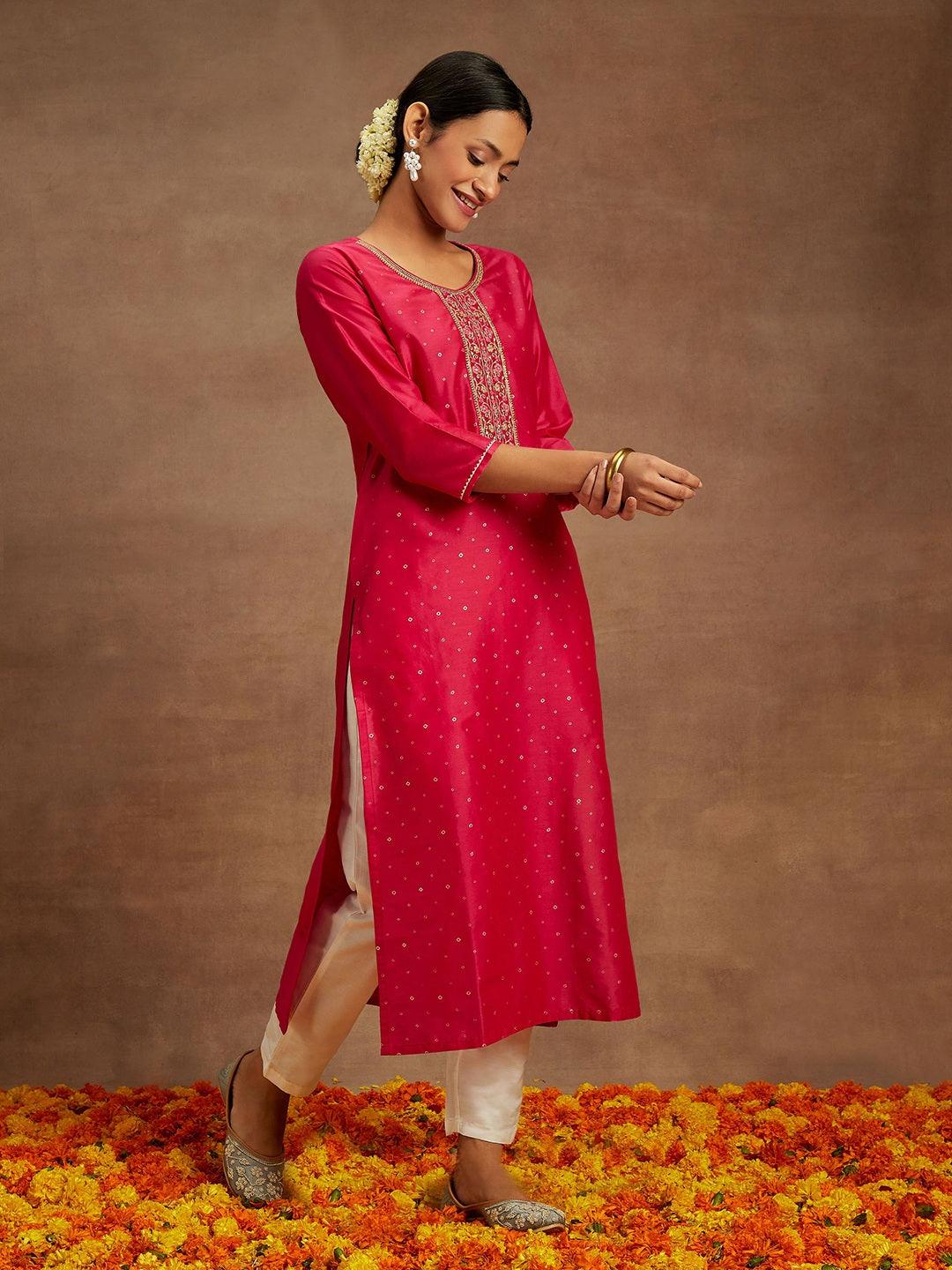 Pink Embellished Silk Straight Kurta - Libas 