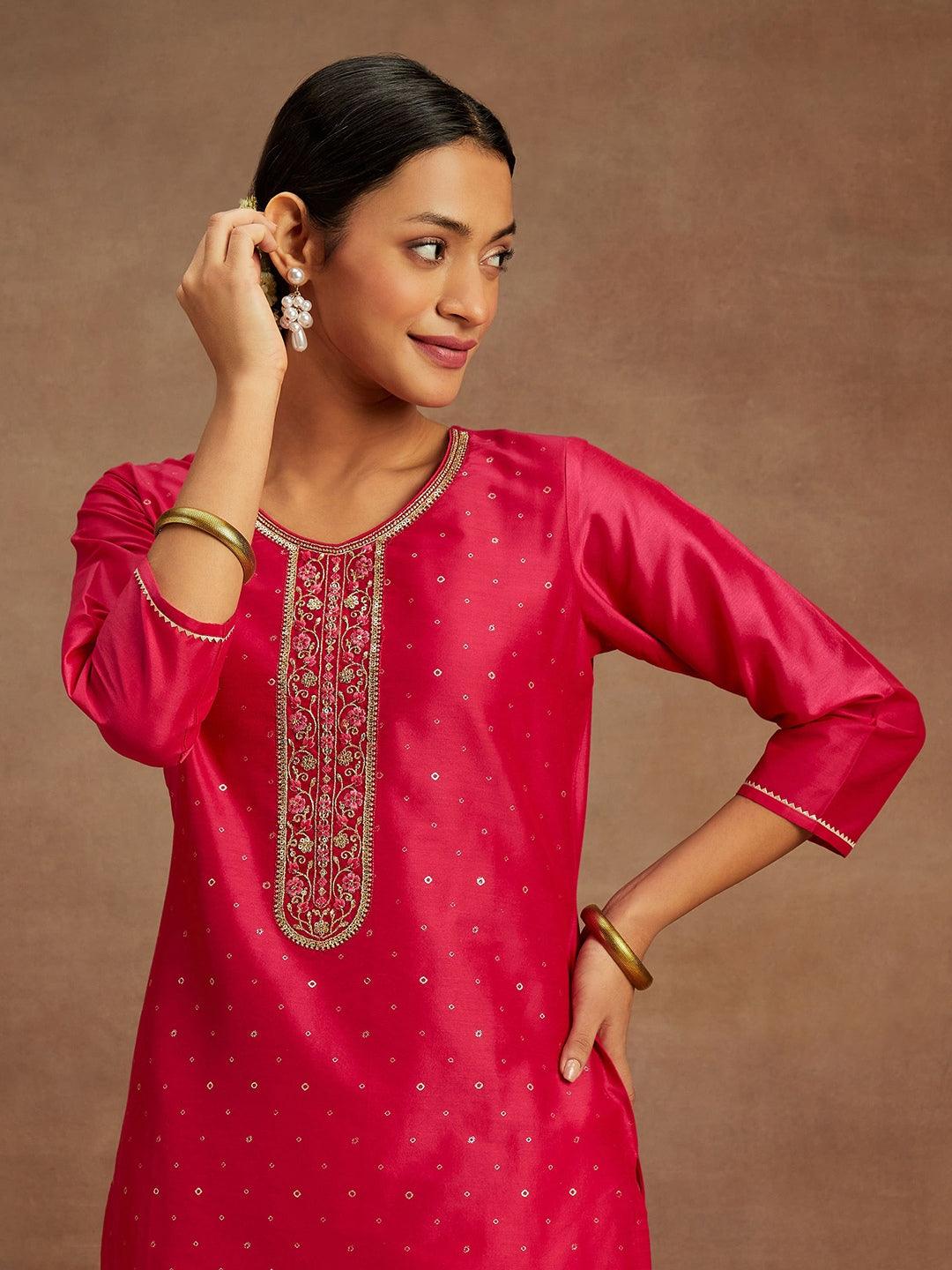 Pink Embellished Silk Straight Kurta - Libas 