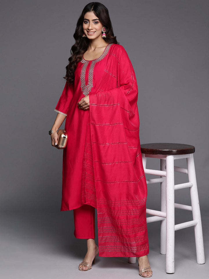 Pink Embroidered Silk Blend Straight Kurta With Trousers & Dupatta - Libas