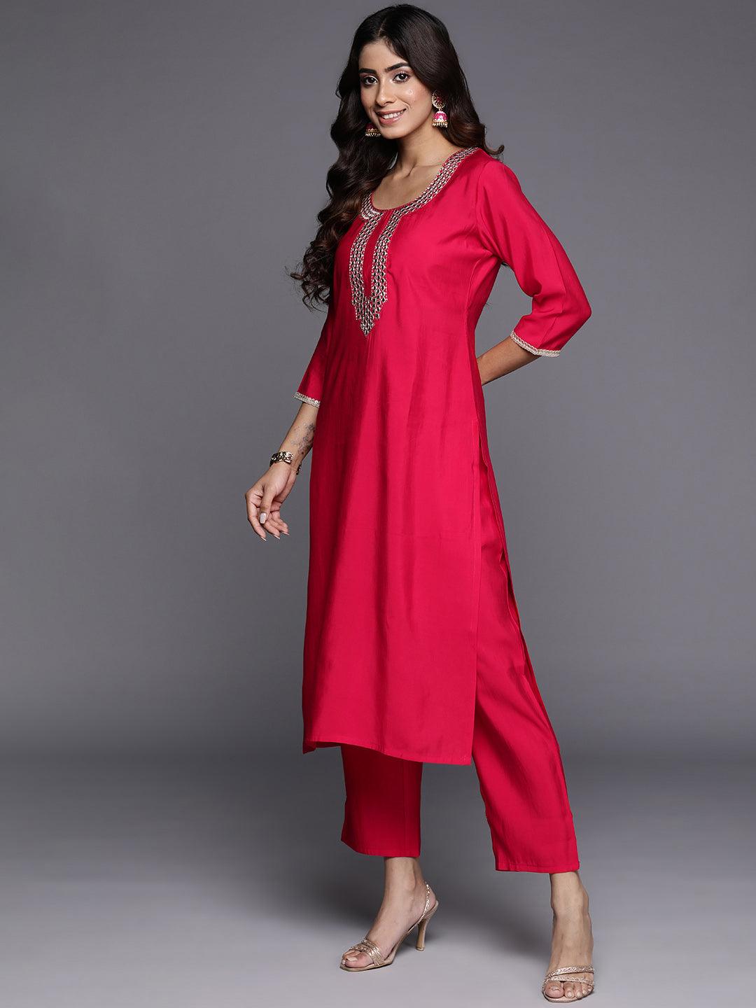 Pink Embroidered Silk Blend Straight Kurta With Trousers & Dupatta - Libas