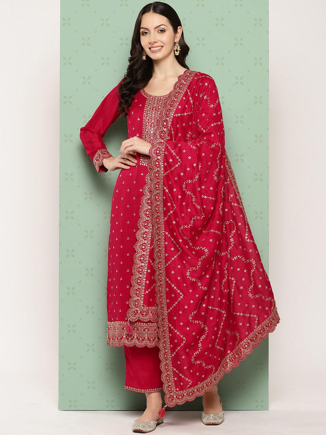 Pink Embroidered Silk Blend Straight Kurta With Trousers & Dupatta - Libas