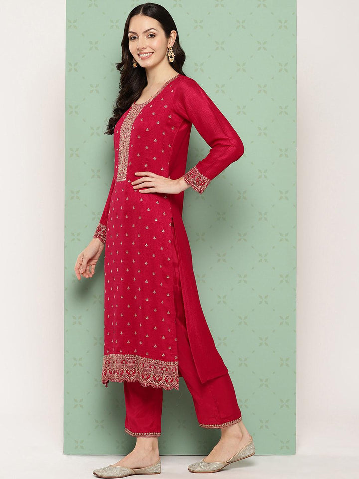 Pink Embroidered Silk Blend Straight Kurta With Trousers & Dupatta - Libas