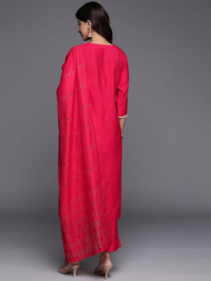 Pink Embroidered Silk Blend Straight Kurta With Trousers & Dupatta - Libas