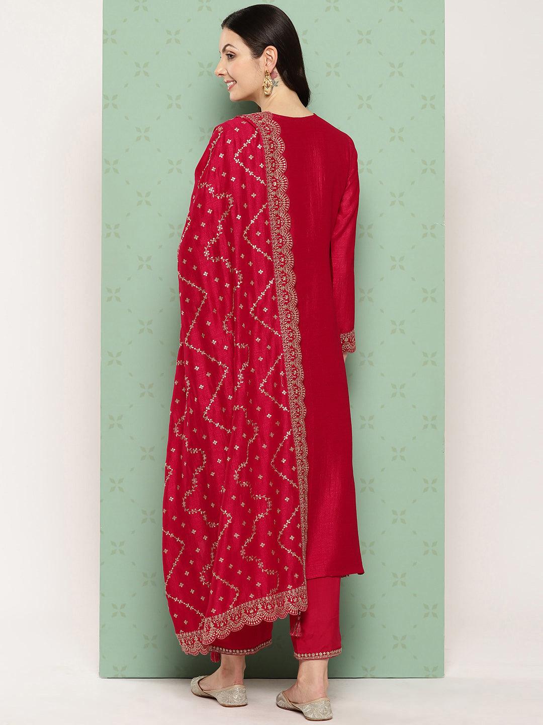 Pink Embroidered Silk Blend Straight Kurta With Trousers & Dupatta - Libas