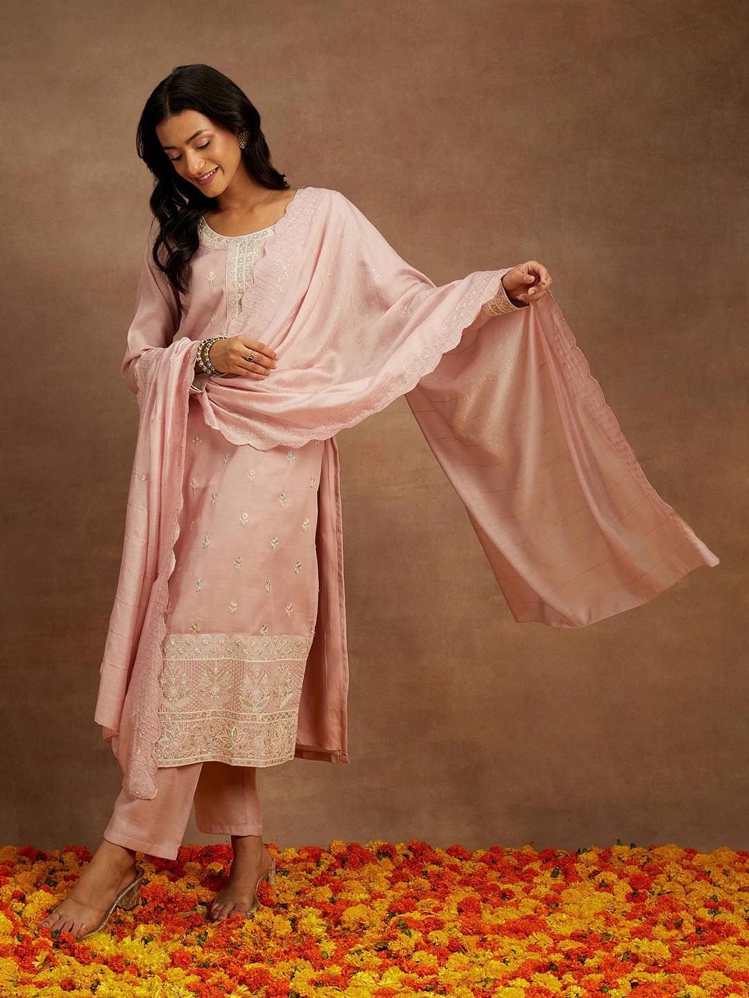 Pink Embroidered Silk Straight Kurta With Trousers & Dupatta - Libas 