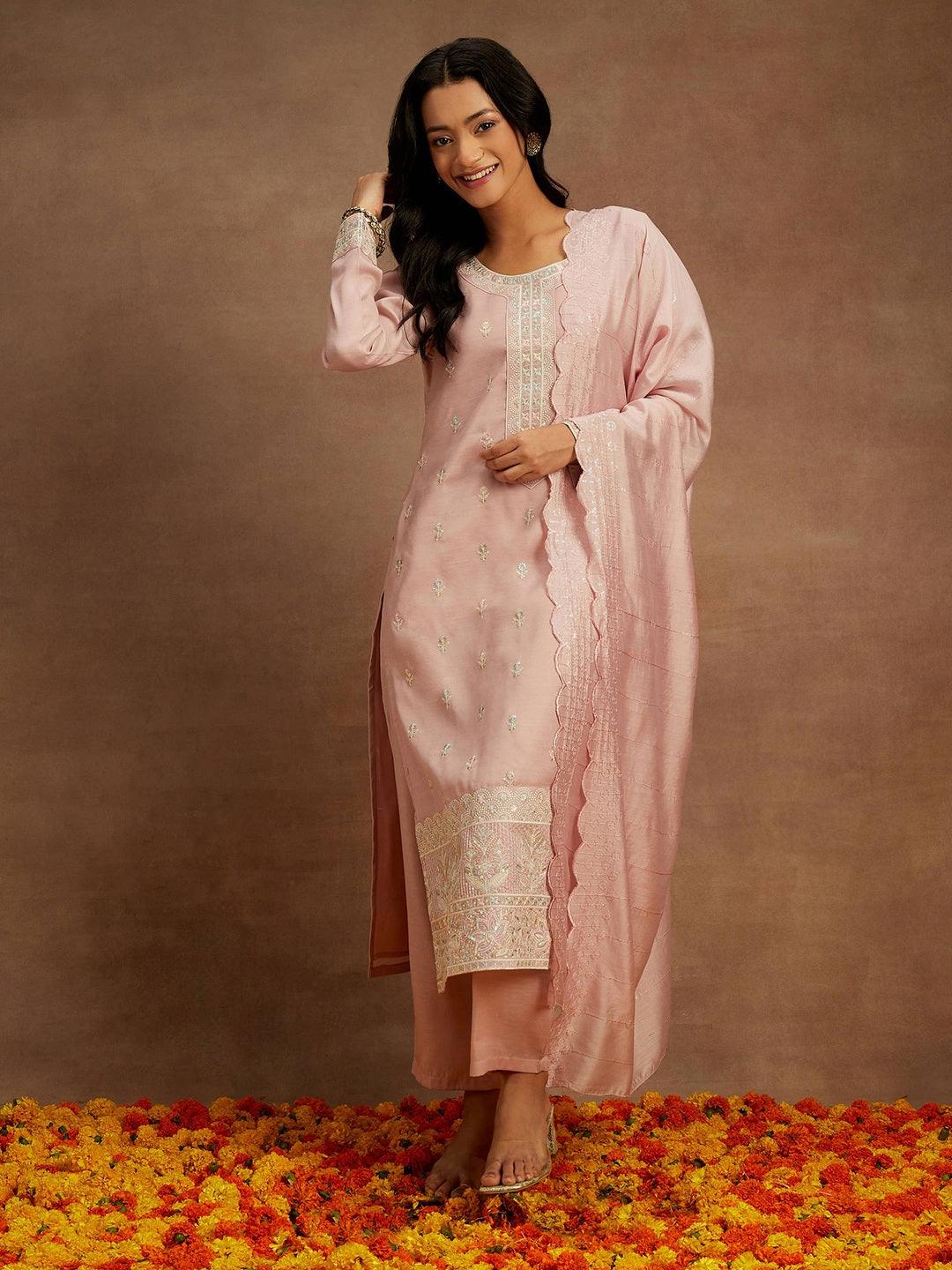 Pink Embroidered Silk Straight Kurta With Trousers & Dupatta - Libas 