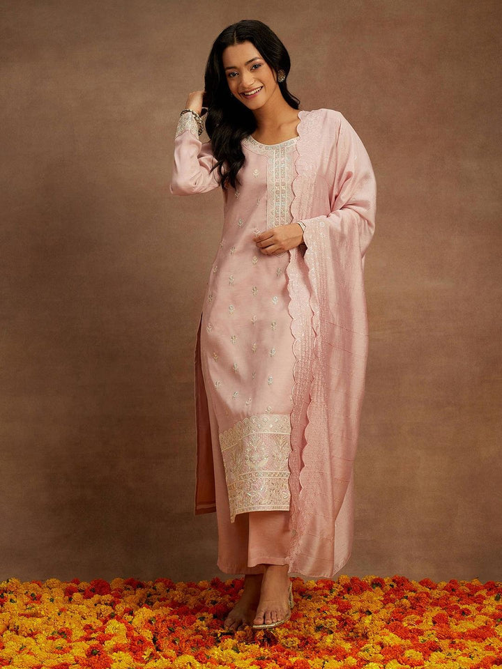 Pink Embroidered Silk Straight Kurta With Trousers & Dupatta - Libas