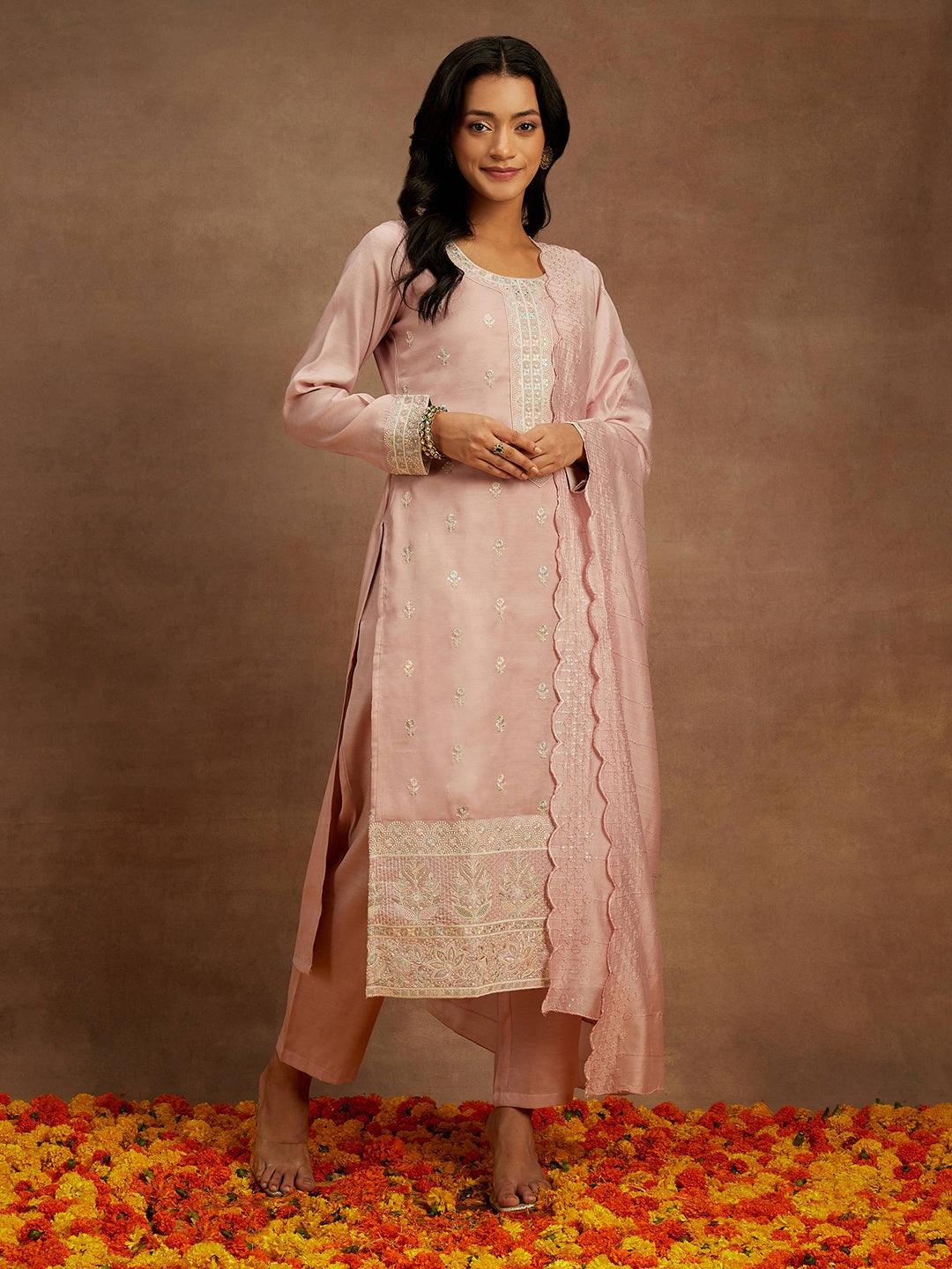 Pink Embroidered Silk Straight Kurta With Trousers & Dupatta - Libas 