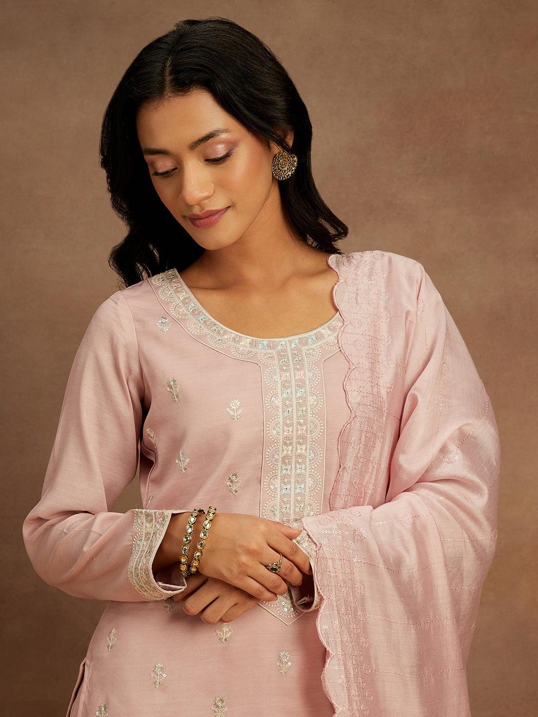 Pink Embroidered Silk Straight Kurta With Trousers & Dupatta - Libas 