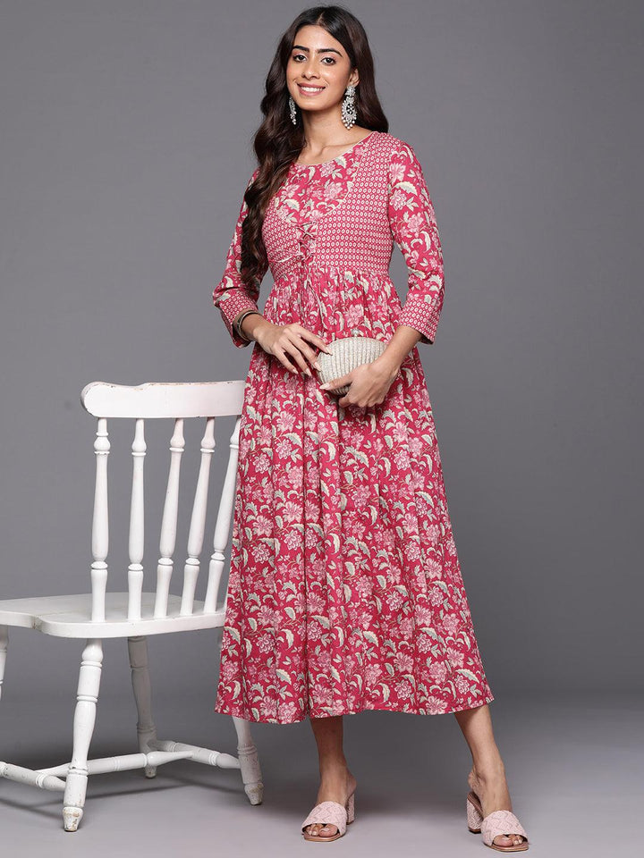 Pink Printed Cotton Fit and Flared Dress - Libas