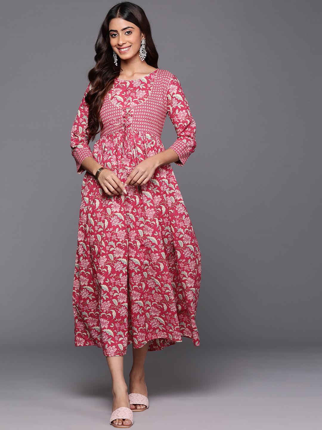 Pink Printed Cotton Fit and Flared Dress - Libas