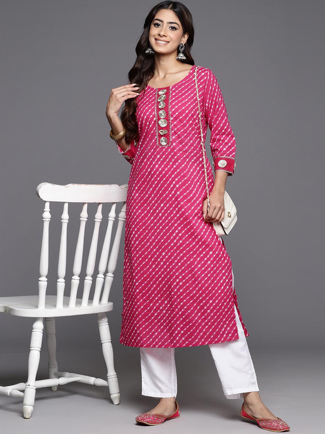 Pink Printed Cotton Straight Kurta - Libas 