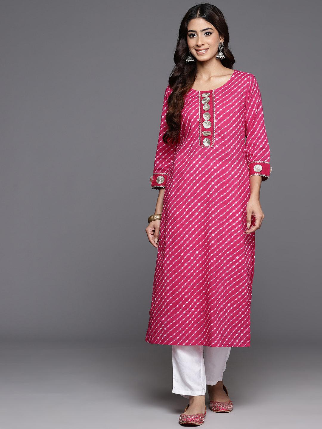 Pink Printed Cotton Straight Kurta - Libas 