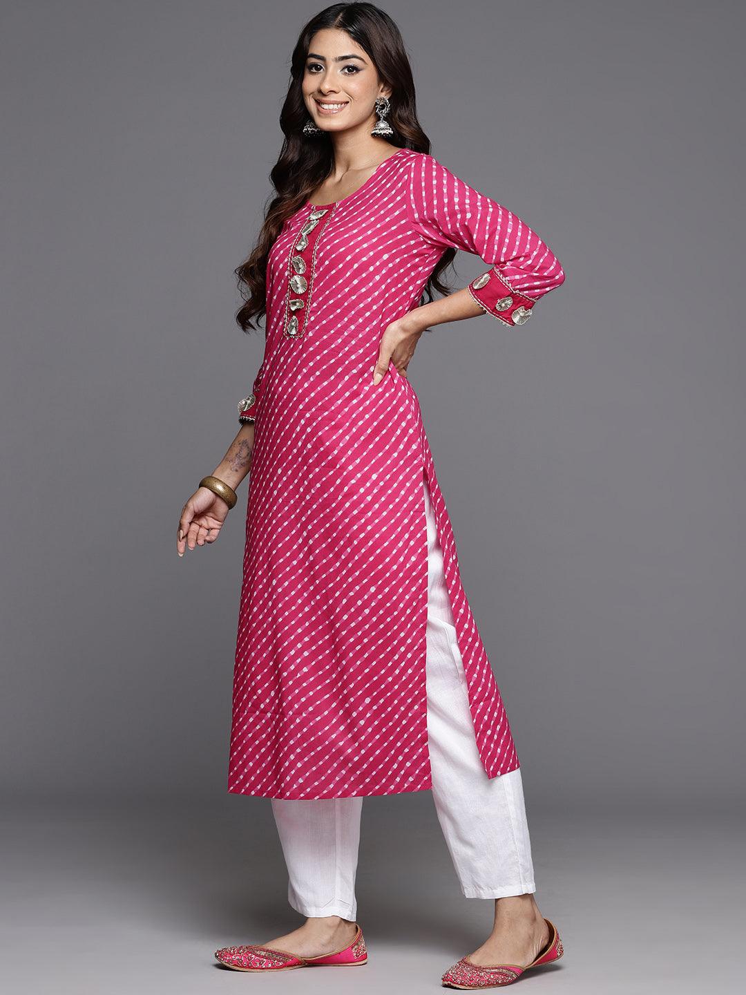 Pink Printed Cotton Straight Kurta - Libas 