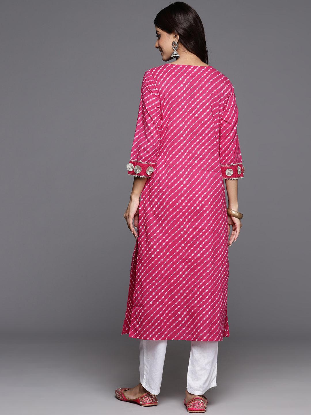 Pink Printed Cotton Straight Kurta - Libas 