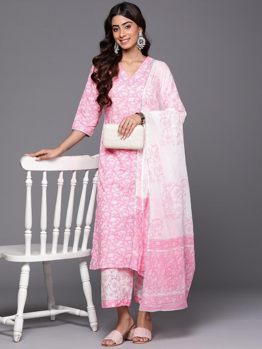 Pink Printed Cotton Straight Kurta With Palazzos & Dupatta - Libas 