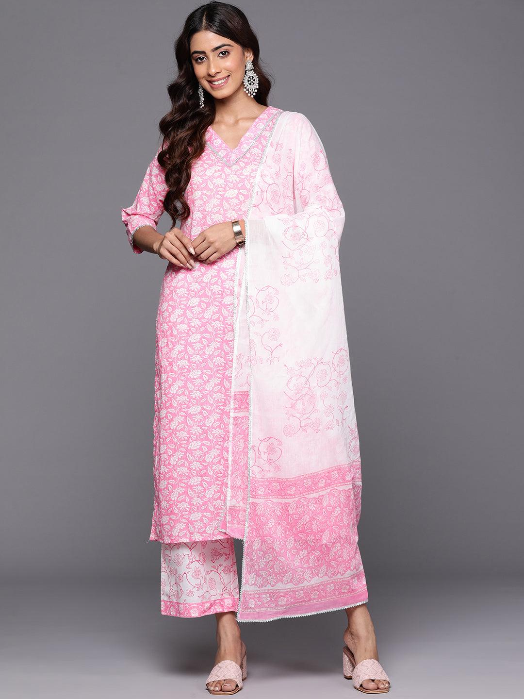 Pink Printed Cotton Straight Kurta With Palazzos & Dupatta - Libas 