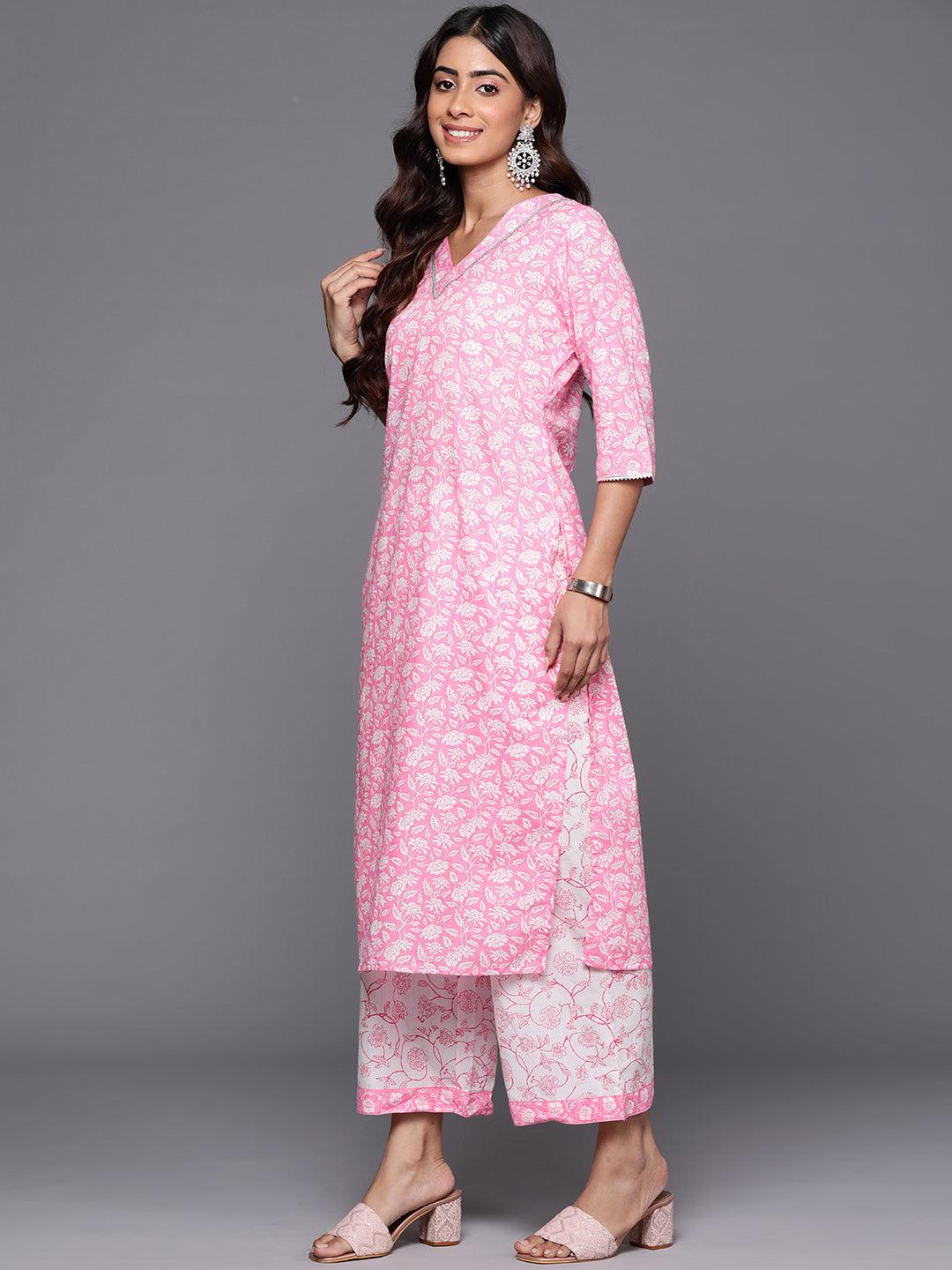 Pink Printed Cotton Straight Kurta With Palazzos & Dupatta - Libas 