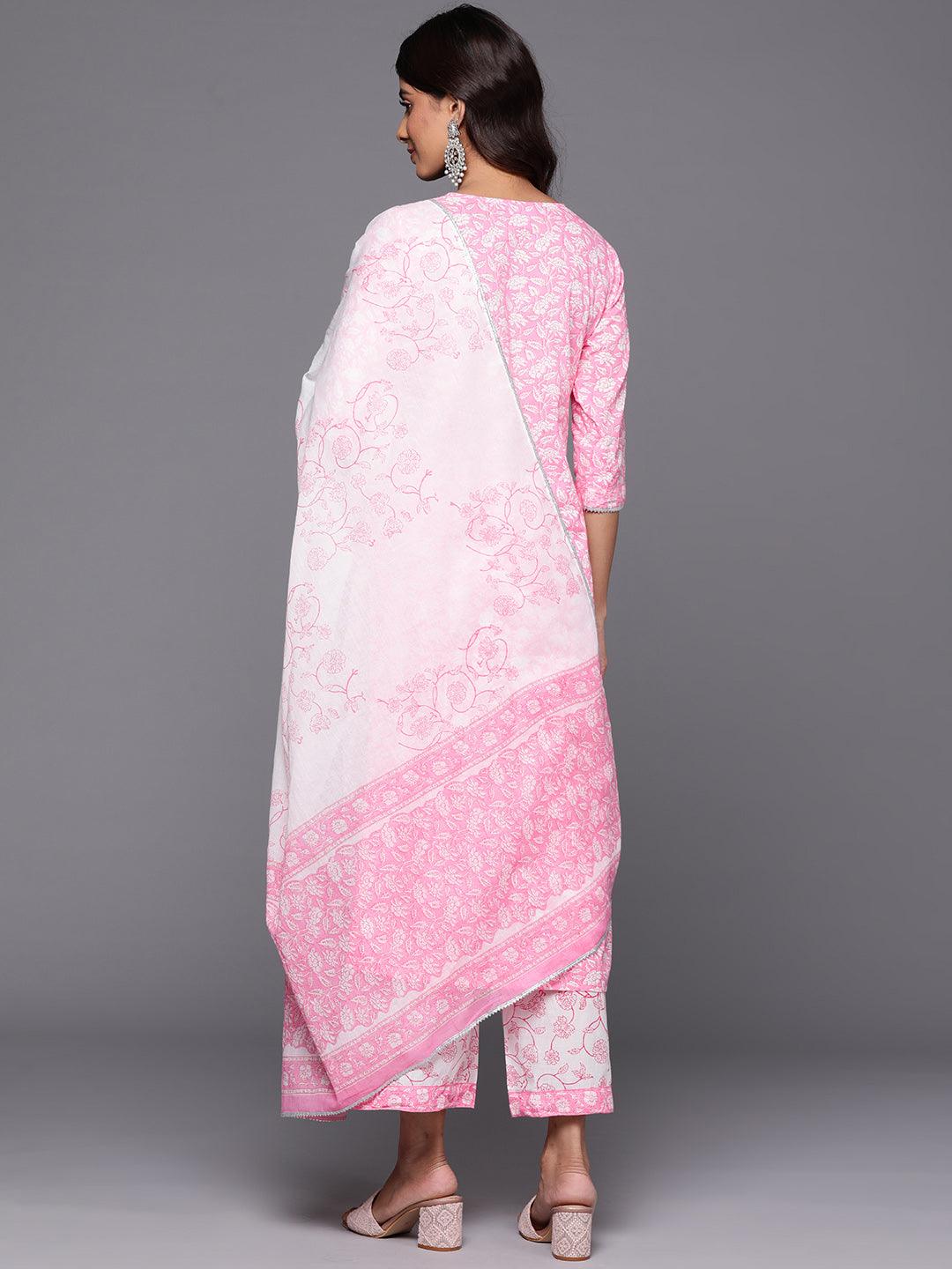 Pink Printed Cotton Straight Kurta With Palazzos & Dupatta - Libas 