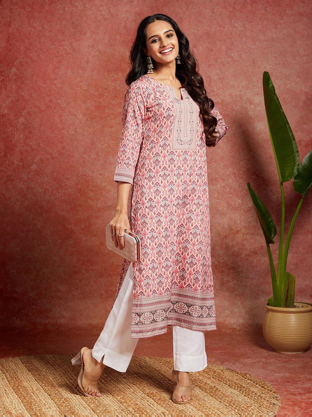 Pink Printed Crepe Straight Kurta - Libas 