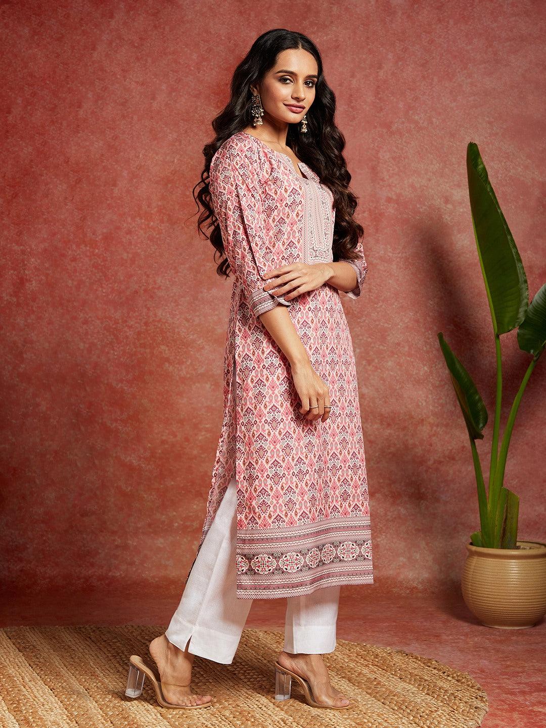 Pink Printed Crepe Straight Kurta - Libas 