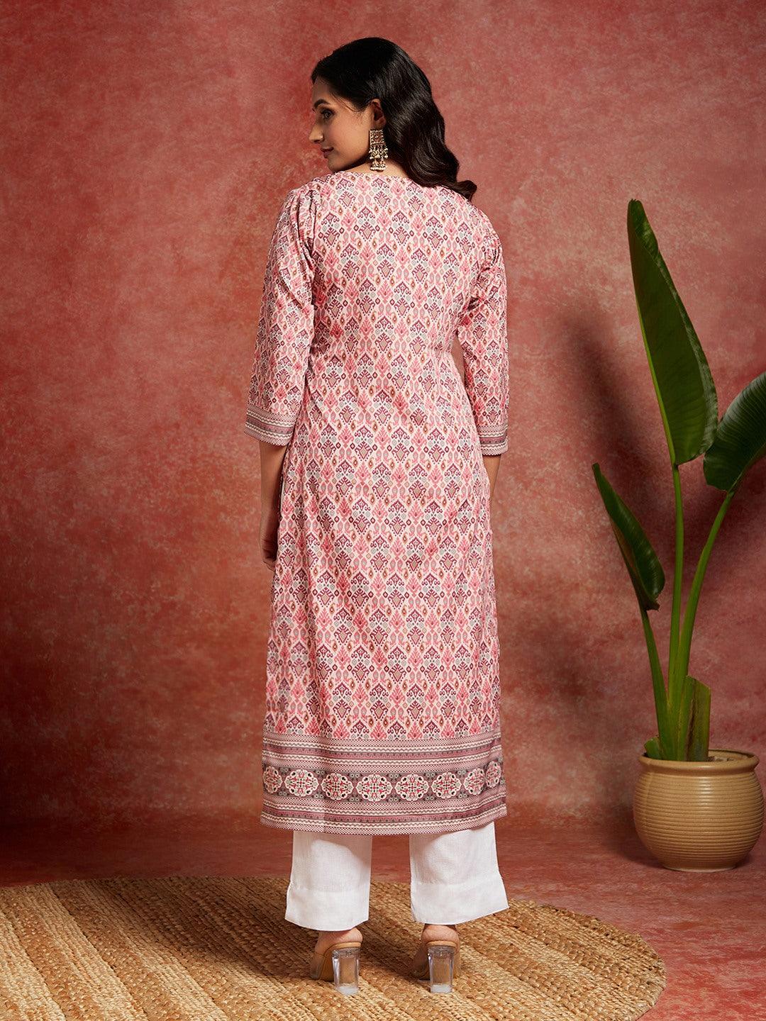 Pink Printed Crepe Straight Kurta - Libas 