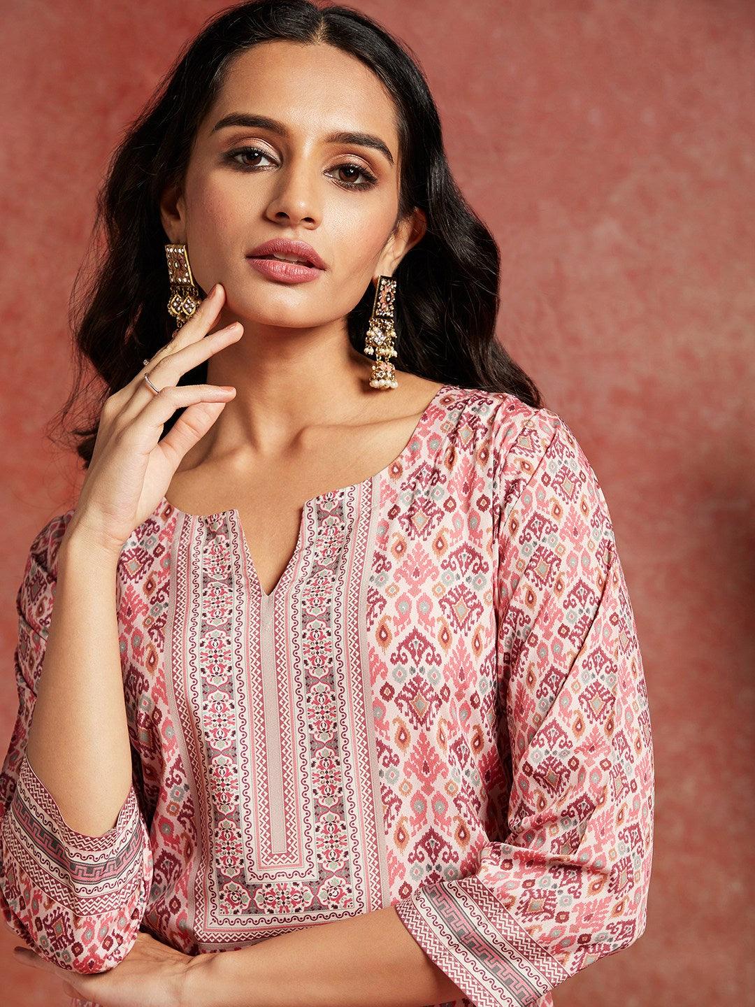 Pink Printed Crepe Straight Kurta - Libas